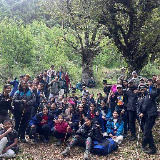 A big group of campers in the forest